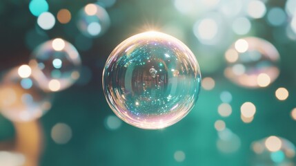 A Captivating Close-Up of a Soap Bubble Glimmering in Sunlight Against a Colorful Background, Showcasing Nature’s Artistry and the Beauty of Light