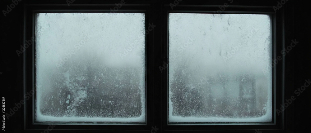 Poster snowy window with frost patterns enhances the winter atmosphere on a cold day