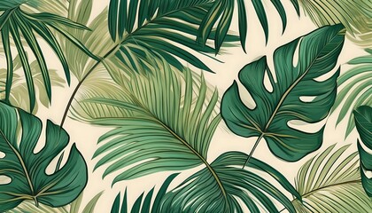 a seamless pattern of tropical palm leaves and monstera