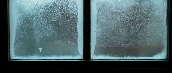Frost patterns on a snowy window creating a wintery atmosphere in a dark background
