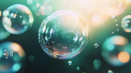 A Captivating Display of Colorful Soap Bubbles Floating Gently in a Dreamy, Ethereal Atmosphere, Reflecting Light and Creating a Magical Scene