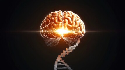 A glowing brain with DNA helix symbolizing intelligence and genetics.