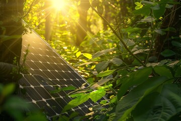 Un pannello solare integrato in una foresta verde lussureggiante, con i raggi del sole che sembrano interagire con le foglie, a simboleggiare l'armonia tra natura e tecnologia