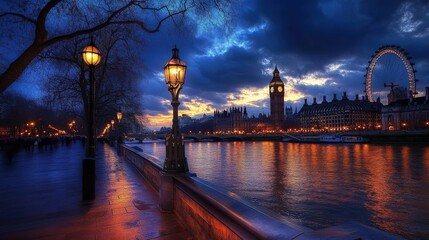 Fototapeta premium Moody evening in London with Big Ben and the Thames River