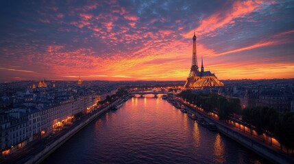 Fototapeta premium Surreal sunset over Paris with multiple Eiffel Towers