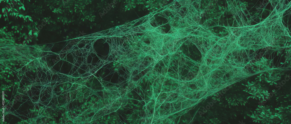Poster intricate spider web texture woven among forest trees against a dark backdrop