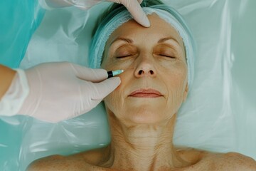 professional anti-aging beauty treatment, mature woman receiving cosmetic procedure with injection in a clinical setting