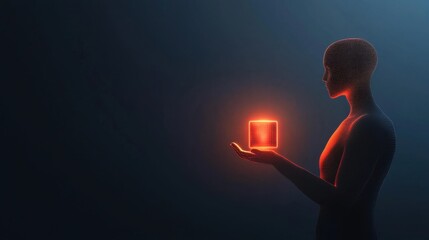 A humanoid figure holding a glowing cube in a dark space.