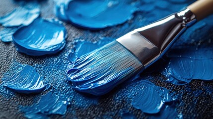 Vibrant blue strokes made with flat brush on textured canvas under bright light