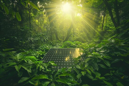Un pannello solare integrato in una foresta verde lussureggiante, con i raggi del sole che sembrano interagire con le foglie, a simboleggiare l'armonia tra natura e tecnologia