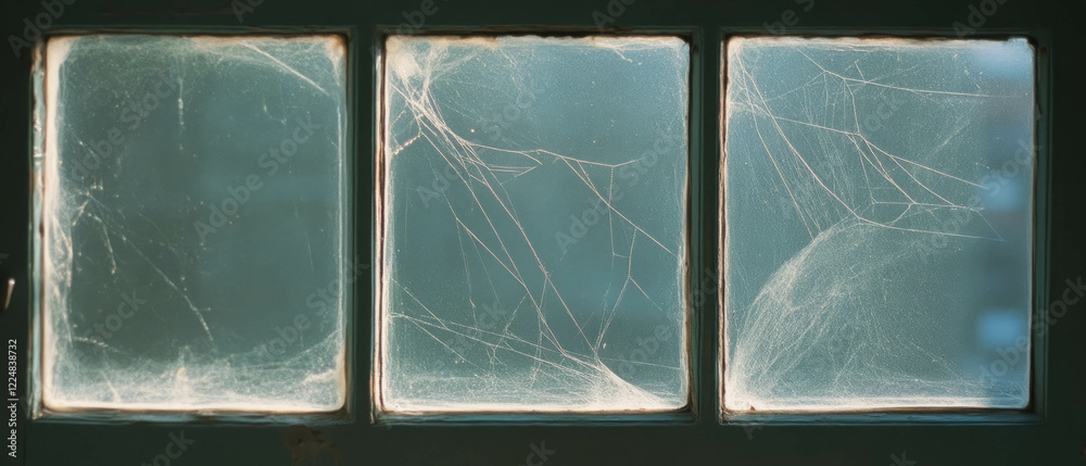 Aufkleber Spider web overlay texture on window with light shining through dark background