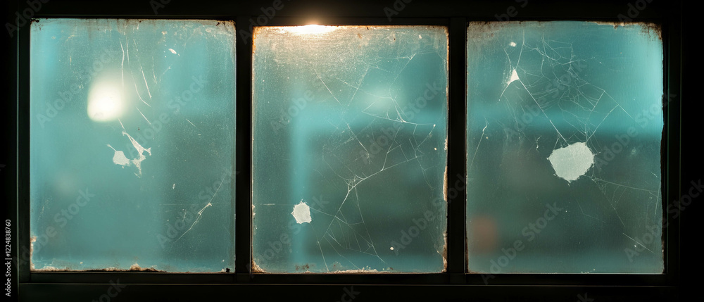 Poster spider web overlays on a window capturing sunlight with a dark background