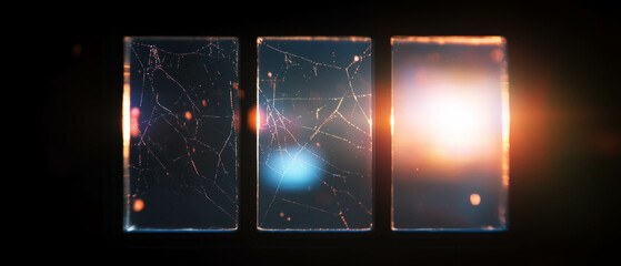 Obraz premium Overlay texture of spider web on window with light shining through in a dark setting