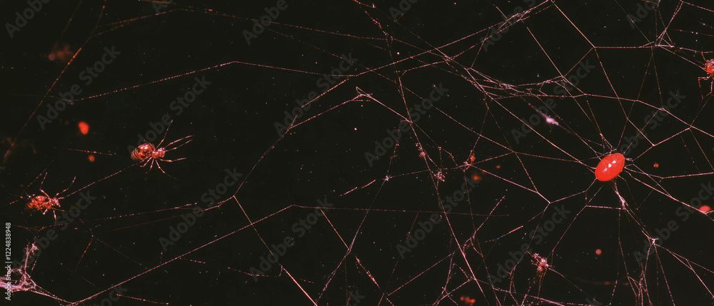 Poster Intricate spider web captures insects and showcases predator-prey dynamics against black backdrop