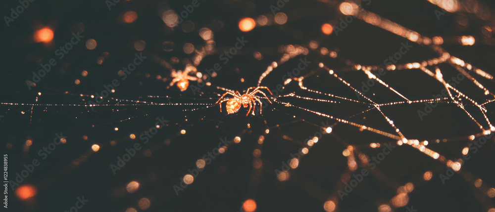 Poster Intricate spider web captures delicate insects in a dark, mysterious environment
