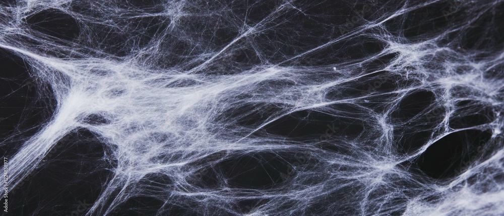 Poster intricate spider web texture with dramatic contrast against a dark background