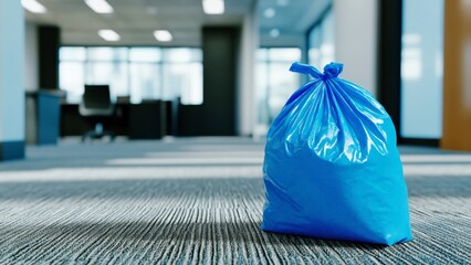 blue garbage bag on the floor in a clean modern office, copy space for text