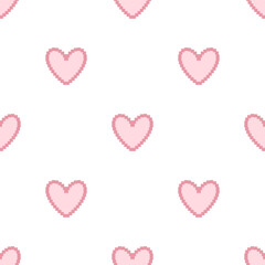 Seamless Pattern with Pink Heart Pixel. Pixel art background. Vector illustration on a white background.