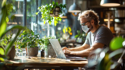 Naklejka premium young professional wearing face mask works on laptop in bright, plant filled cafe, showcasing blend of productivity and nature