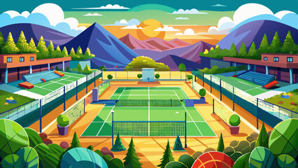Naklejka premium GPT IconTennis court complex surrounded by bleachers, lush greenery, and mountains under a colorful sunset sky, creating a scenic and vibrant outdoor atmosphere
