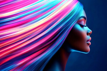 Fototapeta premium Long coiffure - multicolored hair. Lovely calm black girl - for ads, billboard and social networks use. Commercial ad campaign idea art. Fashion with african elegance. Creative black glamour.