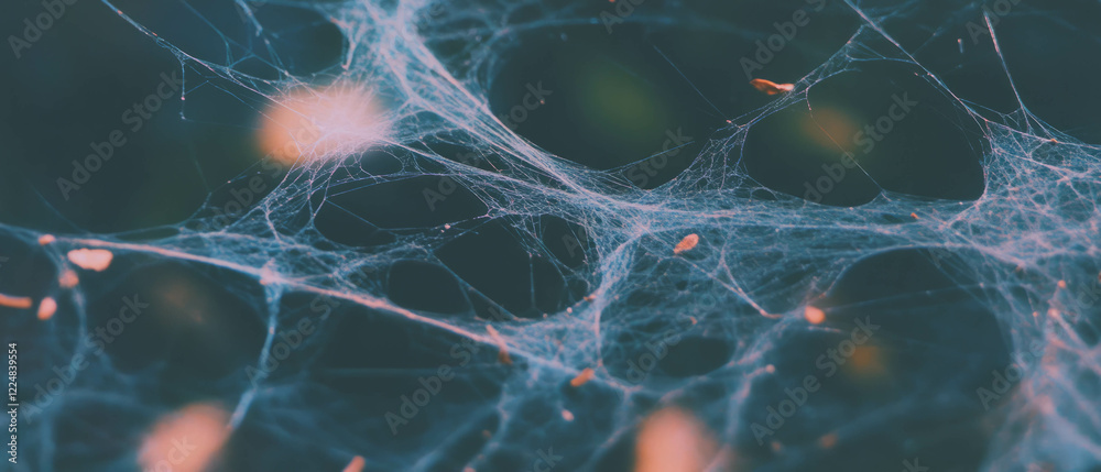 Poster Intricate spider web overlaying leaves and branches in a dark natural setting