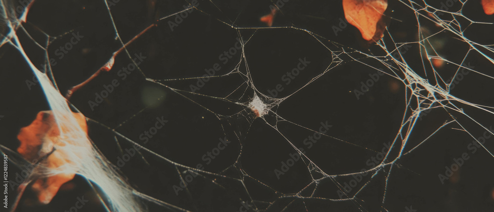 Poster Overlay texture of spider web intertwined with autumn leaves in a dark setting