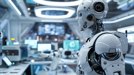 Fototapeta premium A white humanoid robot in a futuristic setting.