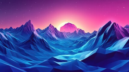 Stunning Low-Poly Mountain Landscape with Vibrant Pink and Purple Sky at Sunrise, Capturing the Beauty of Nature in a Digital Art Style