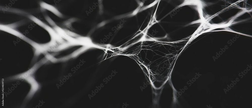 Poster Glowing spider web texture with light shining through in a dark background