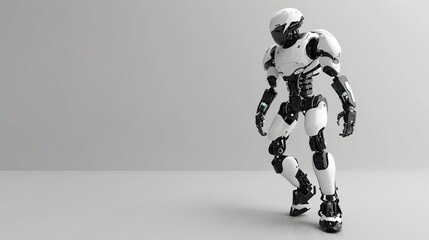 Fototapeta premium A white and black robot stands in a white room.