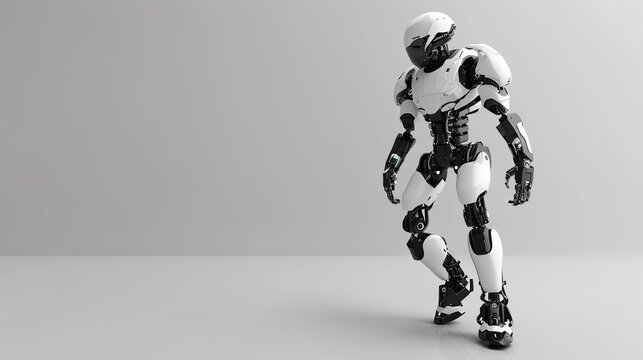 A white and black robot stands in a white room.