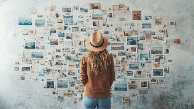 Exploring memories on wall of photographs, woman in hat admires travel moments