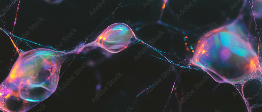 Poster spider web texture displaying iridescent rainbow colors against a dark backdrop