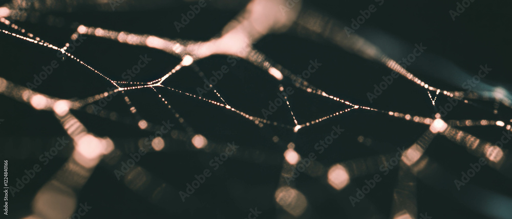 Poster intricate spider web texture revealing shadows and highlights against a dark background