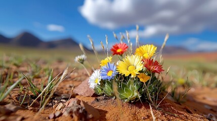 Vibrant wildflowers bloom in a desert landscape against a blue sky and mountains. , water world day