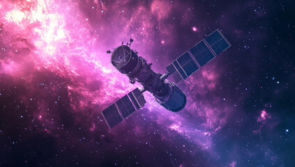 Naklejka premium Satellite traversing a vibrant nebula, cosmic exploration.