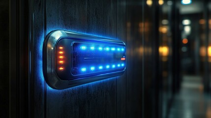 Obraz premium Futuristic aluminum handle with LED glow on a sleek black door