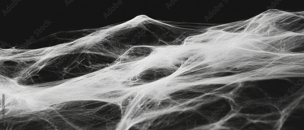 Poster Intricate spider web with windblown threads creates dynamic texture against black backdrop