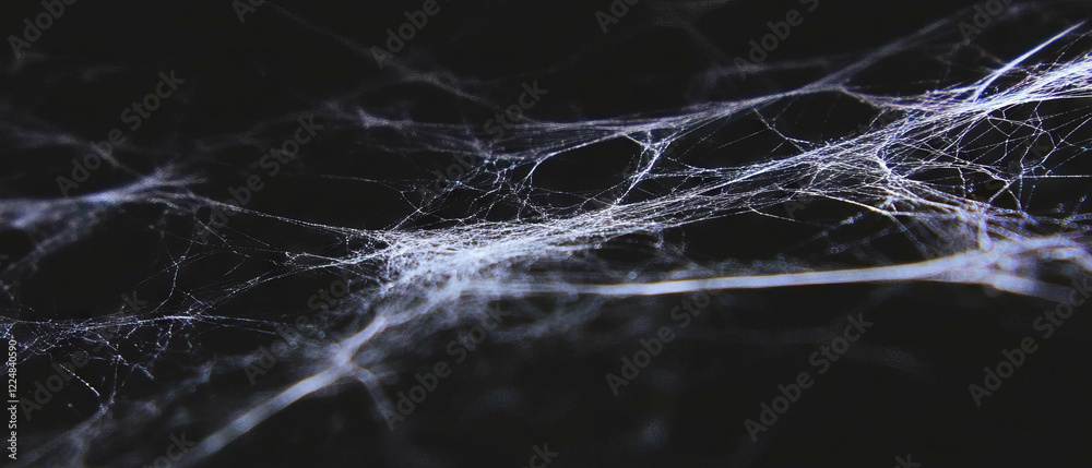 Poster Dynamic spider web overlay with airy threads against a dark background creating visual depth