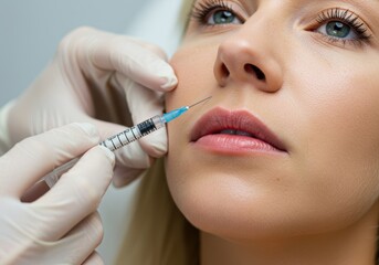 Close-up of cosmetic procedure with injector and gloved hands on woman's face