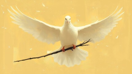 Fototapeta premium White dove, wings spread, branch held, peaceful flight.