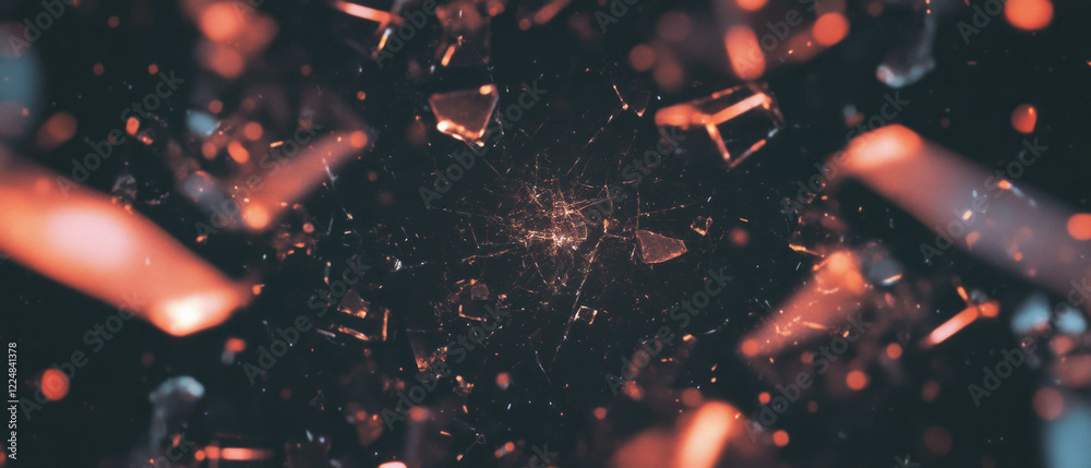 Poster Three-dimensional broken glass overlay with central empty space on black background