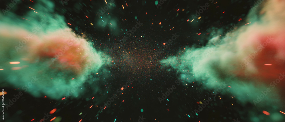 Poster Three-dimensional dust particles create depth in dark void with colorful effects