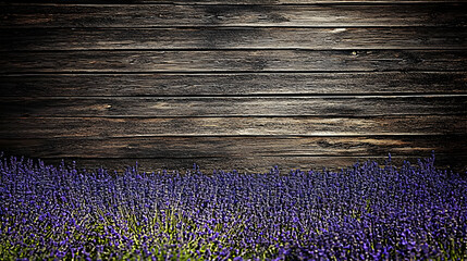 Lavender flowers bloom beautifully against a rustic wooden background, creating a serene and picturesque scene.