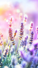 Obraz premium Lavender Flowers Bloom Beautifully in a Softly Lit Field with Dreamy Pastel Colors