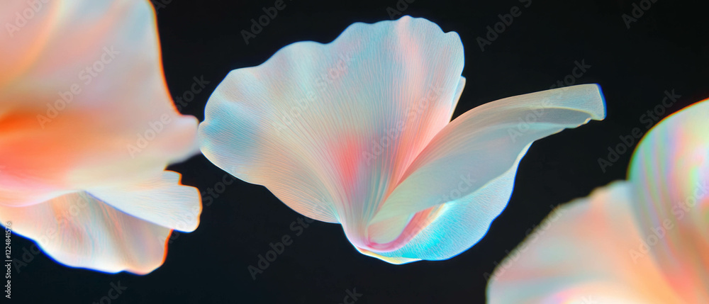 Poster three-dimensional petals floating in a dark space create an ethereal aesthetic