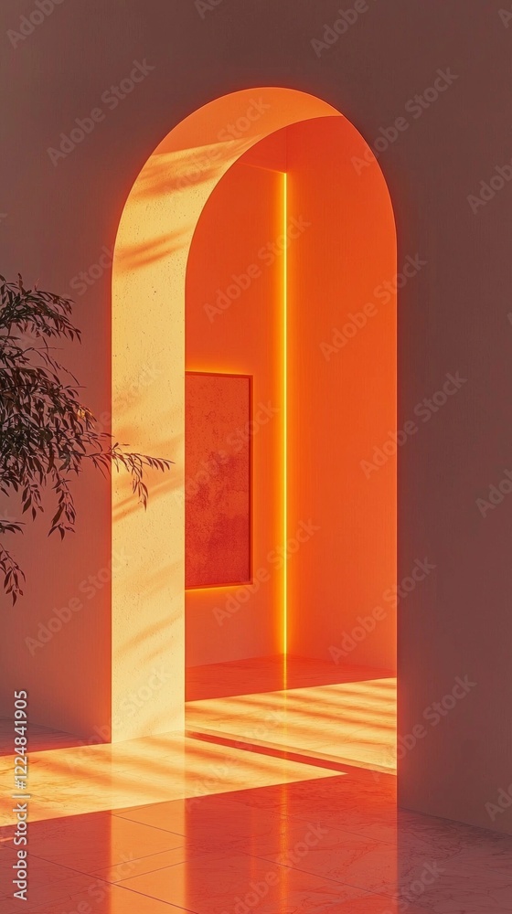 Poster warm sunlight beams through a softly curved arch, casting delicate shadows across a minimalist inter