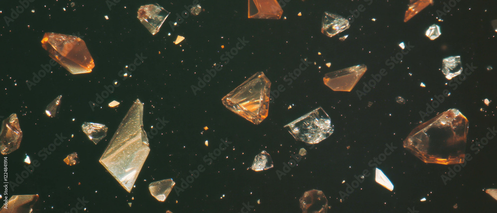 Poster microscopic view of tiny glass fragments against a black background revealing intricate textures