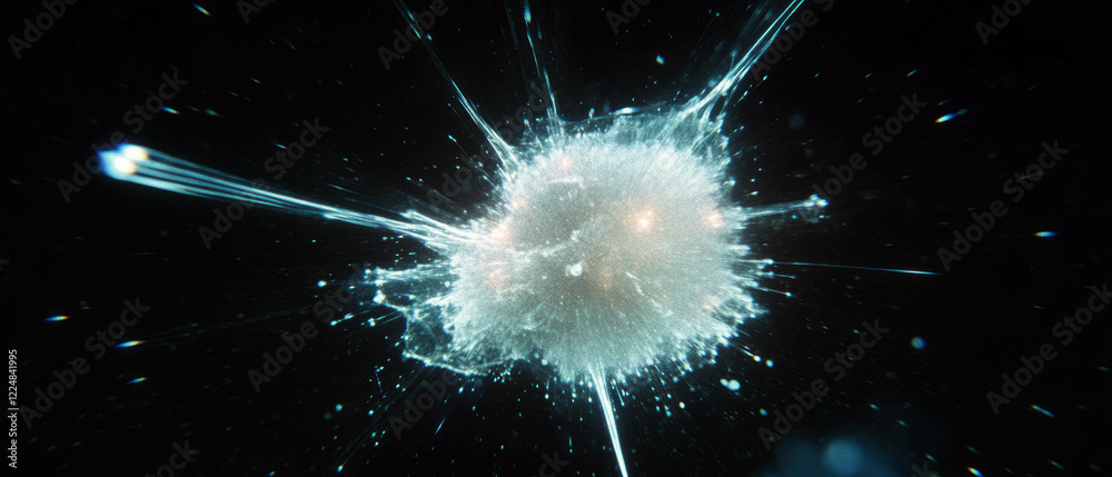 Poster glowing particles create energetic effect in a dark space with a central clear area
